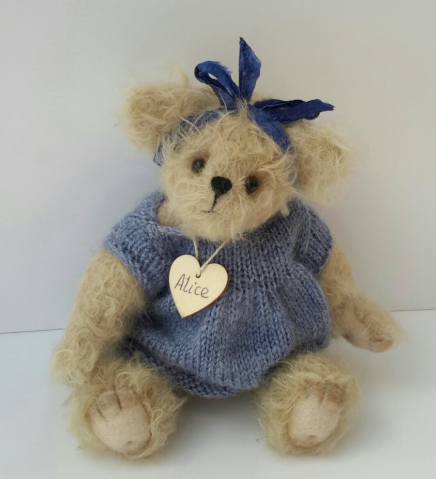 Alice Bear, Mohair Artist Bear, Dressed Teddy Bear, One of a Kind Collectable 