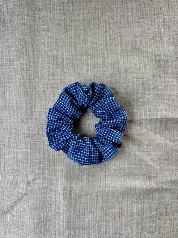 Blue check medium sized scrunchie