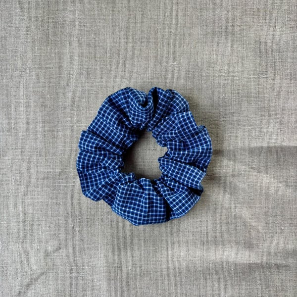 Blue check medium sized scrunchie