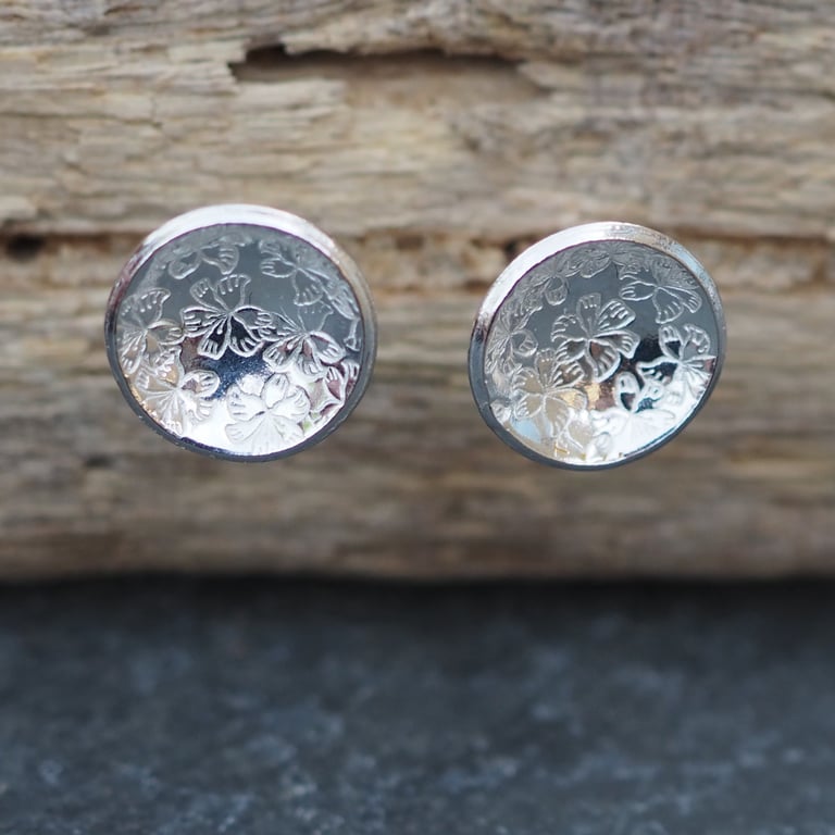 Studs, Sterling Silver Round Disc Stud Earrings, Flower Texture. 