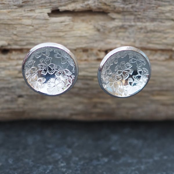 Studs, Sterling Silver Round Disc Stud Earrings, Flower Texture. 