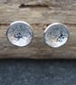 Studs, Sterling Silver Round Disc Stud Earrings, Flower Texture. 