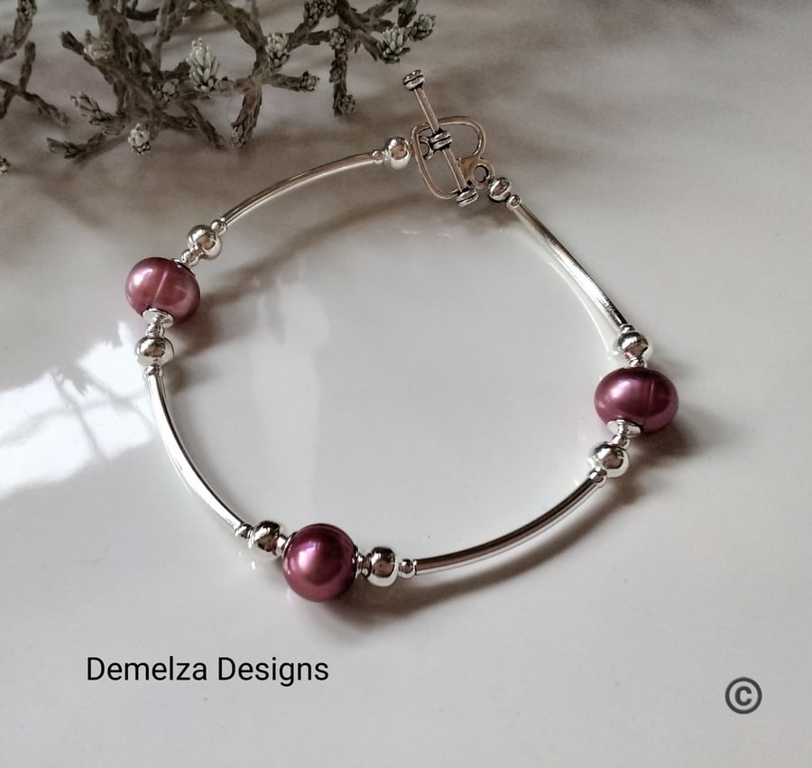 Deep Pink Baroque Freshwater  Pearl Minamilistic Bangle Bracelet Silver Plated