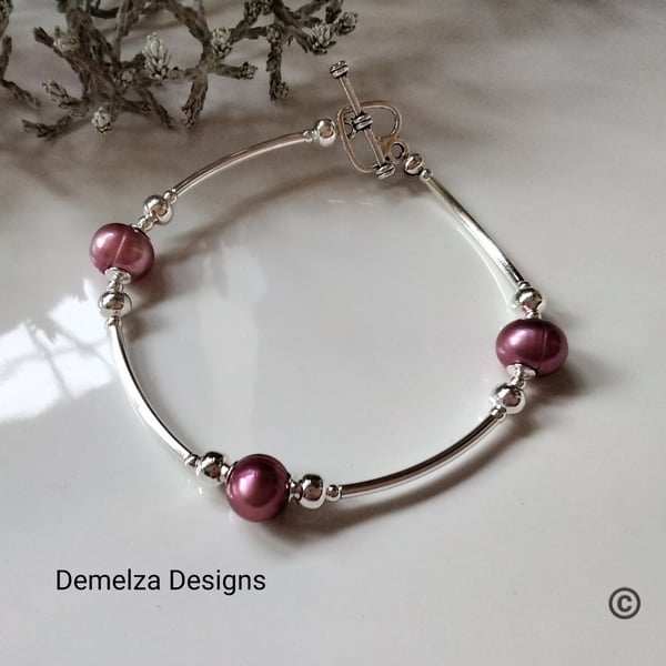 Deep Pink Baroque Freshwater  Pearl Minamilistic Bangle Bracelet 