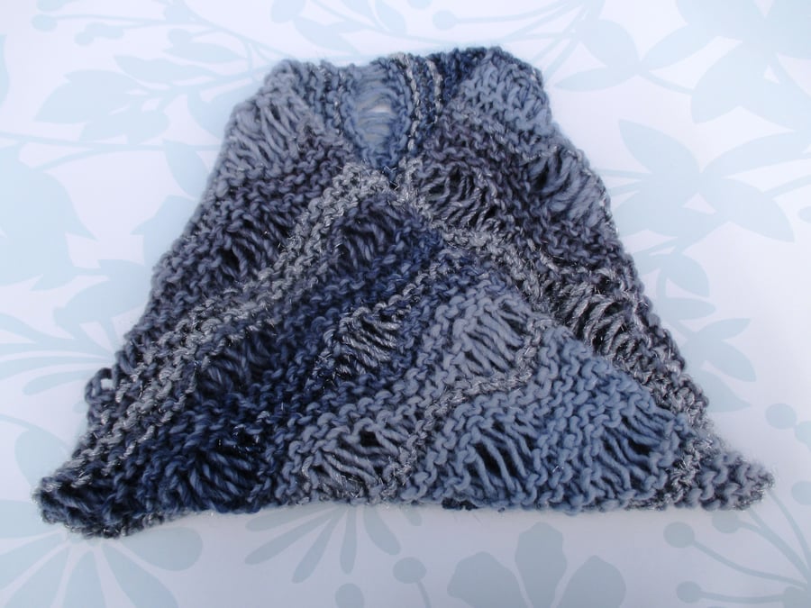 SALE! Hand Knitted Lacy MOBIUS Cowl Blues & Silver