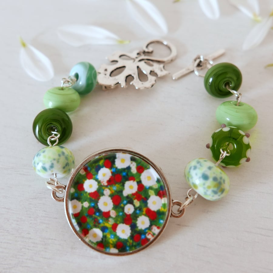 Green Floral Bracelet, Art Jewellery, Lampwork Glass Bracelet, Summer Flowers