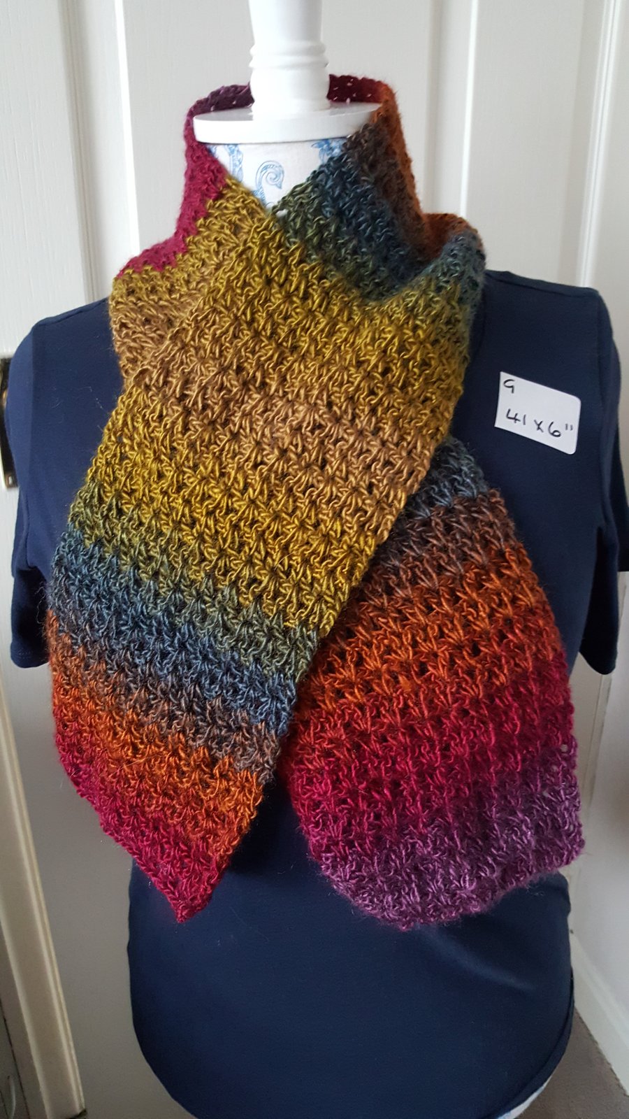 multicoloured lightweight lacy crocheted scarf, 41 x 6 inches