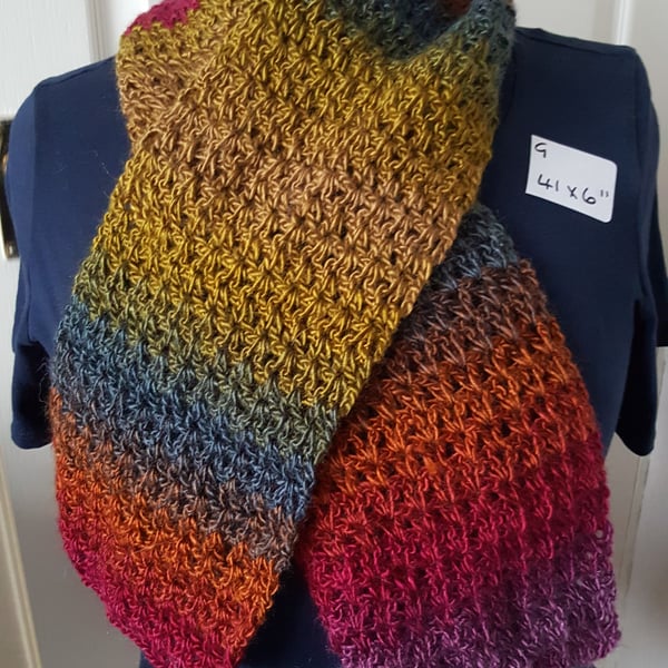 multicoloured lightweight lacy crocheted scarf, 41 x 6 inches