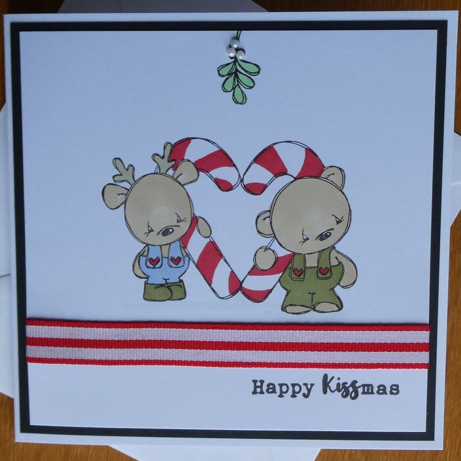 Candy Cane Heart Christmas Card - Reindeer and Bear