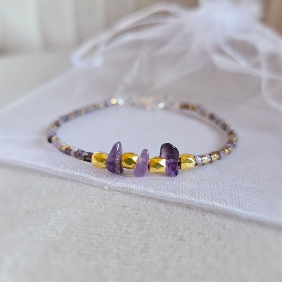 Purple Beaded Gemstone Bracelet 