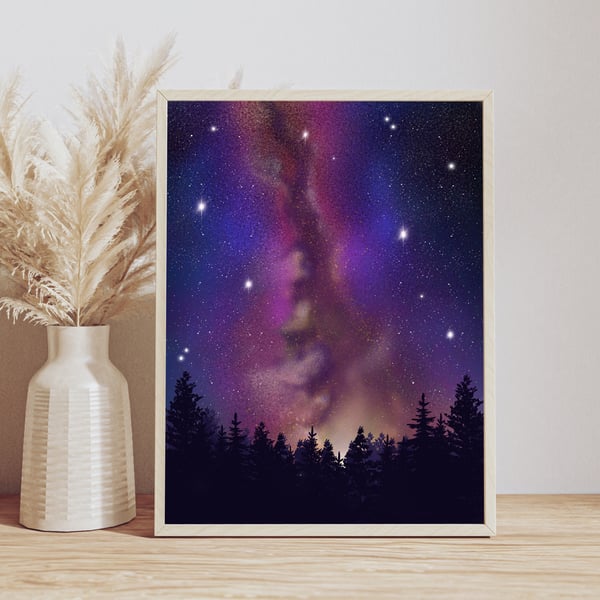 Milky Way Galaxy Forest Scene Print, Night Sky Artwork.