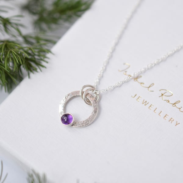 Silver Circle Ring Pendant Necklace with Amethyst Gemstone
