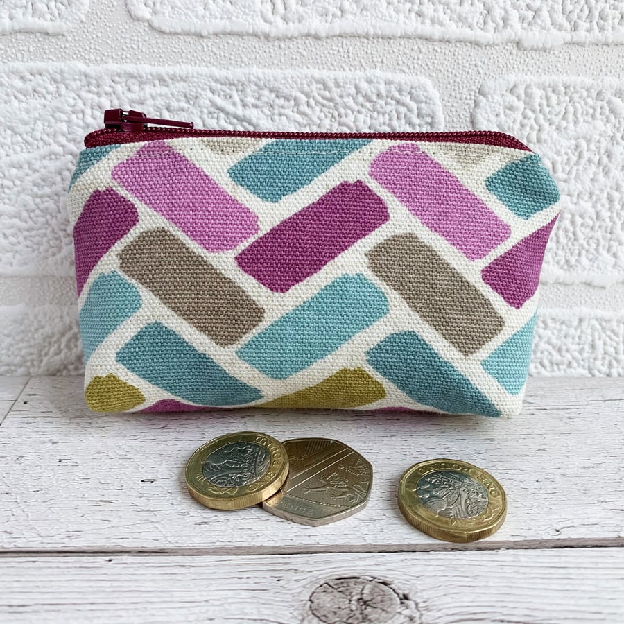 SOLD Small Purse with Purple, Turquoise and Olive Herringbone Pattern
