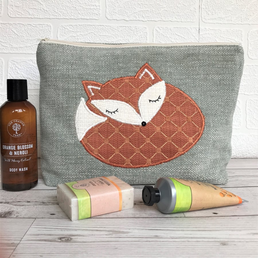 Sleepy Fox toiletry bag, wash bag in pale blue with applique sleeping fox