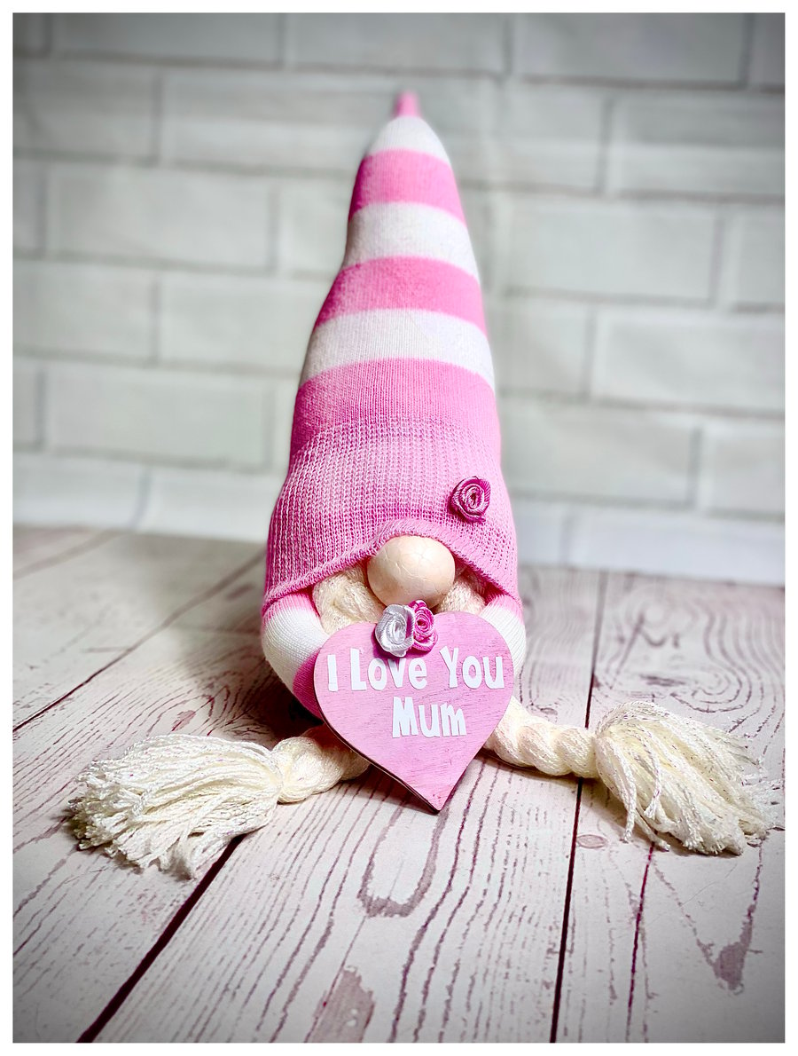 Pink and White Love you Mum Gnome