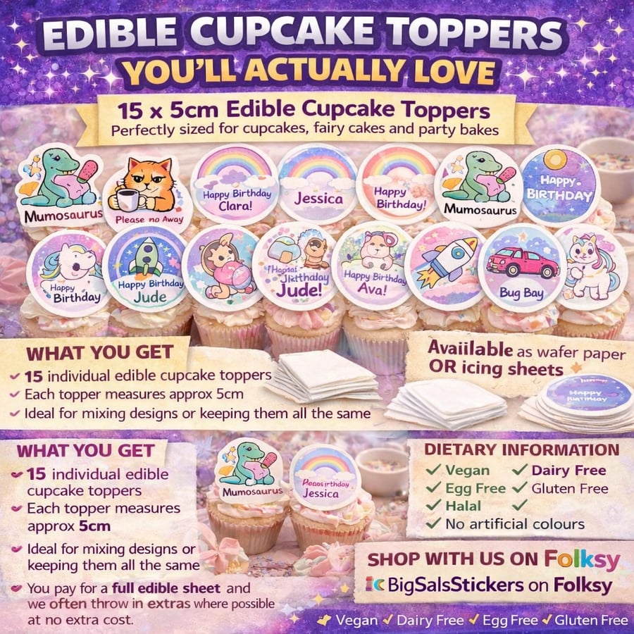 EDIBLE CUPCAKE TOPPERS x15 5cm CUSTOM! Party, Birthday, Wedding (Wafer Or Icing)