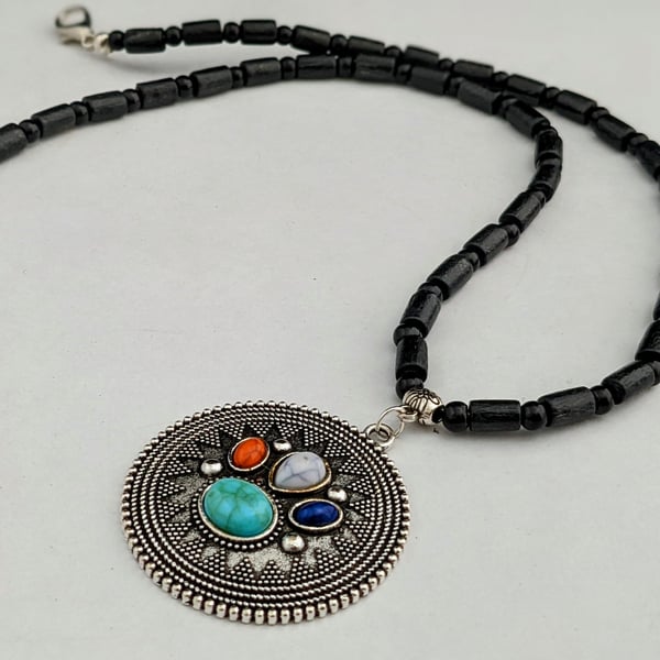 Long black wooden bead necklace with mosaic gemstone pendant 1002538G