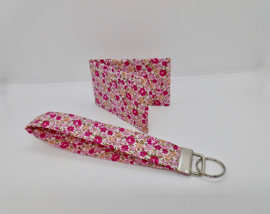 CLEARANCE Wrist strap key ring with matching card holder pink floral fabric