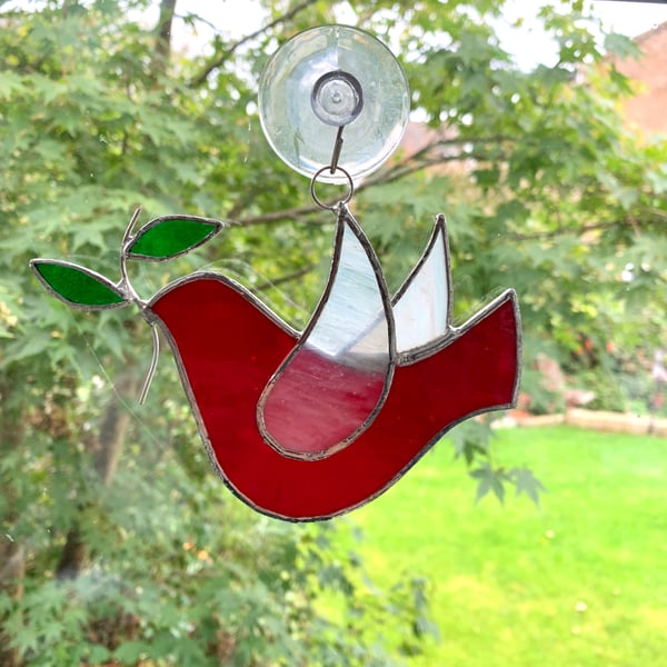 Stained Glass Dove Suncatcher - Hand Made Hanging Decoration - Red