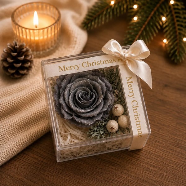Glittery Grey or Red Preserved Rose Christmas Gift Luxury Christmas Flower Gift
