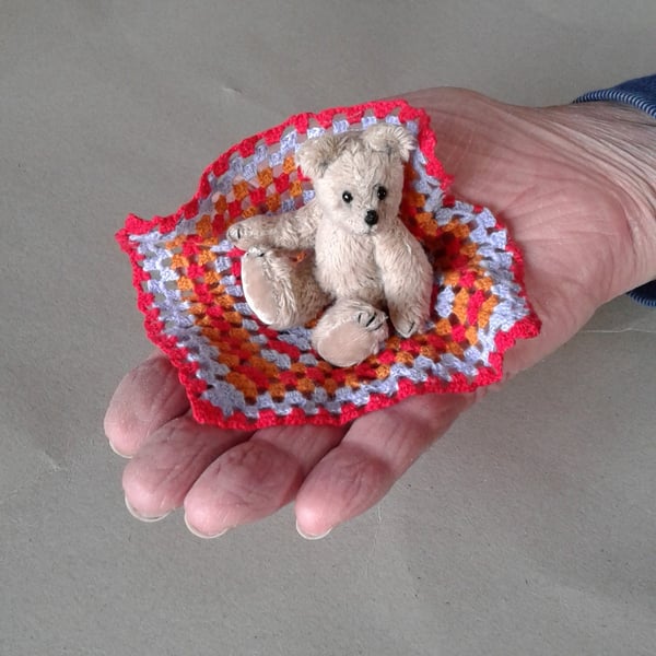 Teddy bear, miniature 3" collectable jointed. Harry with a crocheted blanket