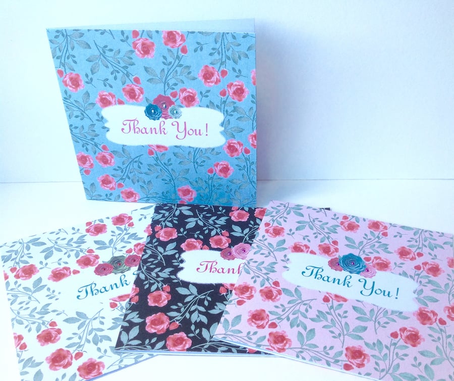 Pack of Four Thank You Cards,Handmade Vintage Rose Cards,Can Be Personalised