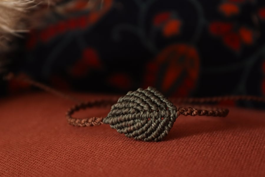 Autumn fall brown  adjustable bracelet with green leaf Boho hippie style