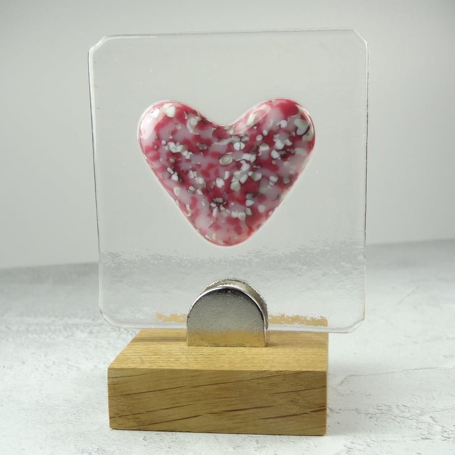 Handcrafted pink heart fused glass picture in an oak stand – Unique gift