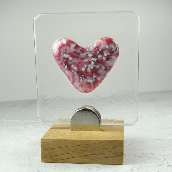 Handcrafted pink heart fused glass picture in an oak stand – Unique gift