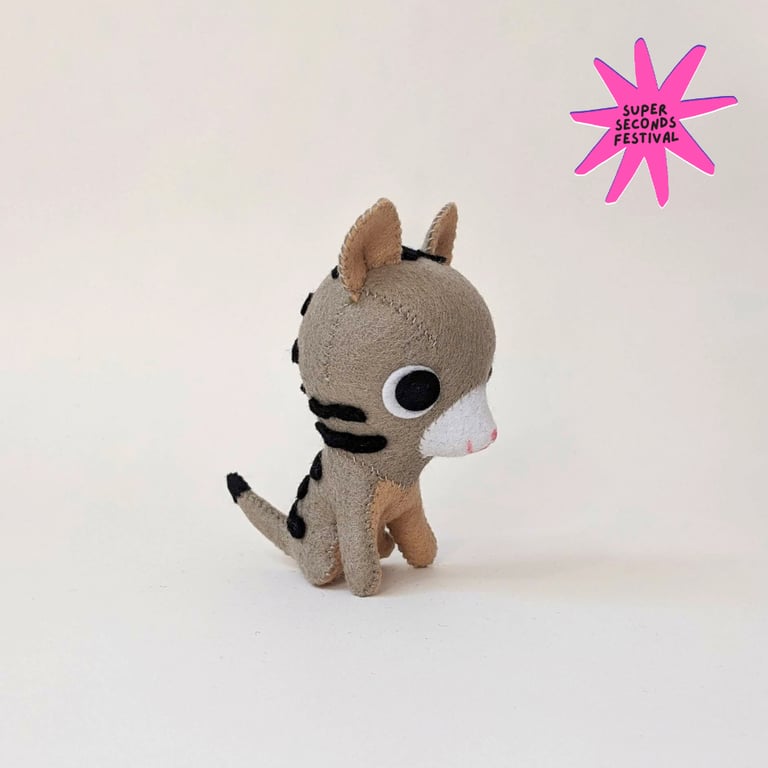 Shy Tabby Cat, wool felt sculpture, Super Seconds Festival