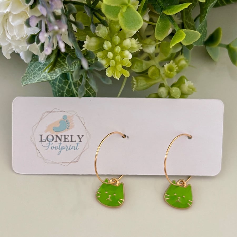 Green Enamel Cat Hoop Earrings, Charm Earrings, Handmade Jewellery 