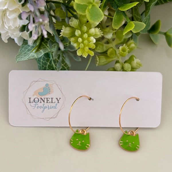 Green Enamel Cat Hoop Earrings, Charm Earrings, Handmade Jewellery 