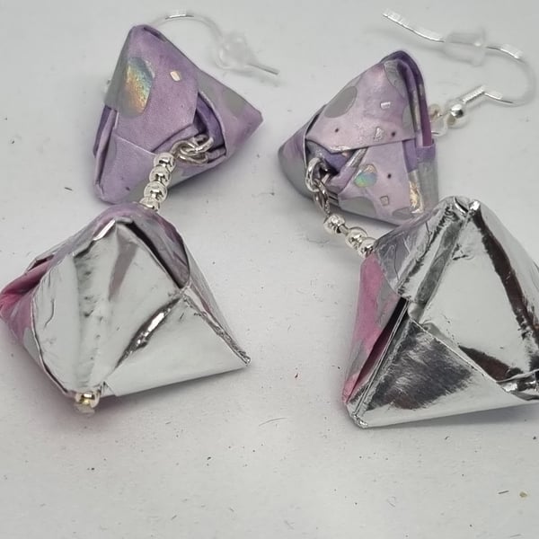 Origami earrings created with metallic paper