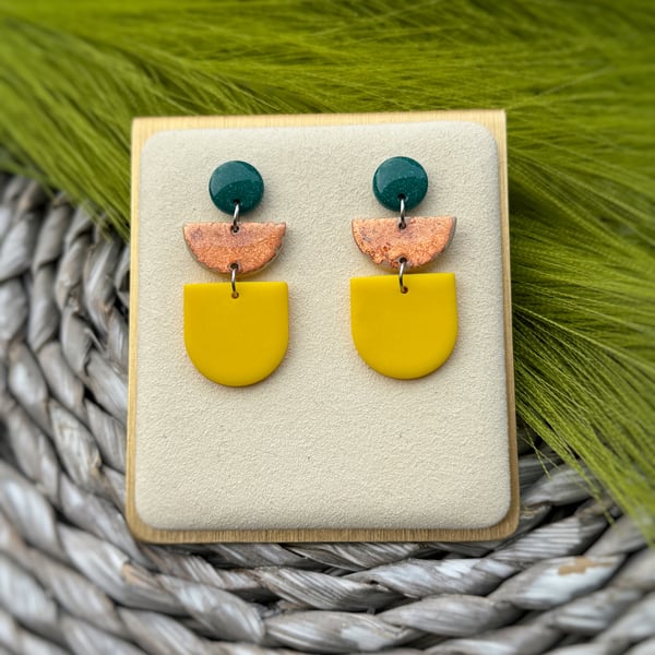 Yellow Teal Geometric Earrings