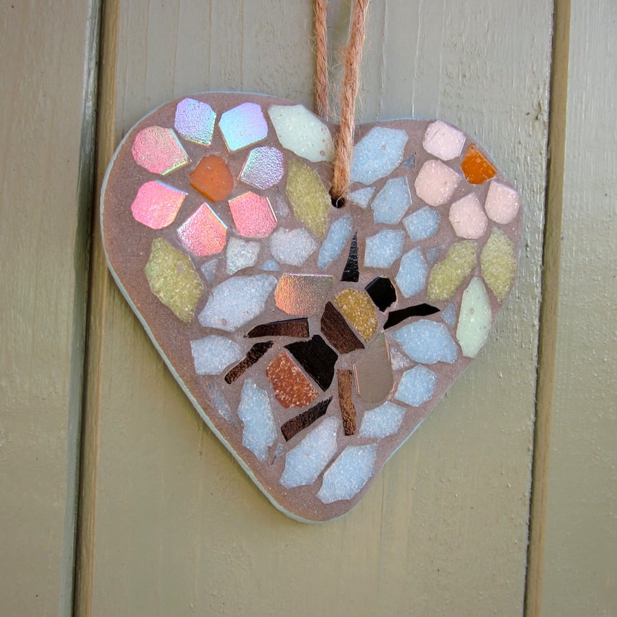 Bumblebee in Blossom Mosaic Hanging Heart Garden Decoration