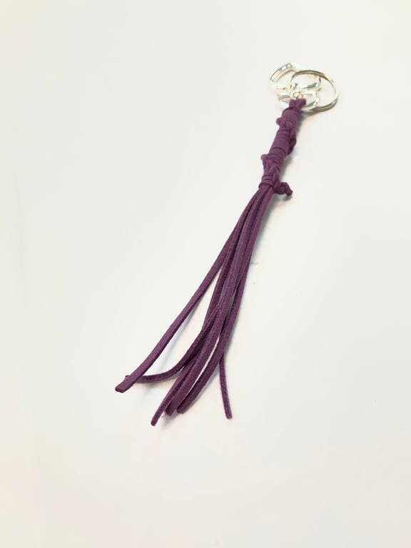 Dark Purple Suede Keyring - Bag Charm w Silver coloured Heart-shaped Carabiner