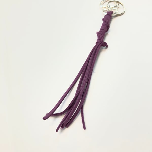 Dark Purple Suede Keyring - Bag Charm w Silver coloured Heart-shaped Carabiner