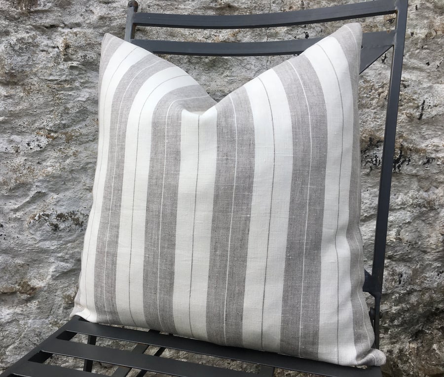 Ivory and Beige Striped Linen Cushion Cover