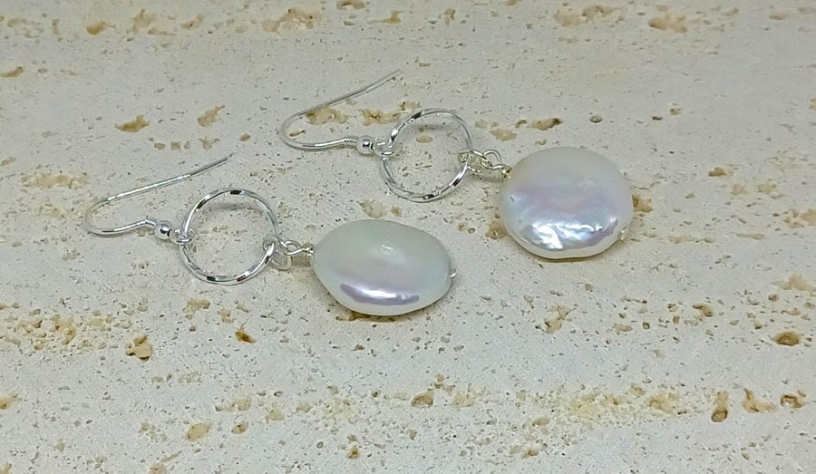 White Coin Pearl Earrings, Pearl and Silver Earrings, Sterling Silver Earrings, 