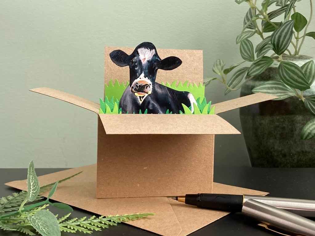 Cow Card. Birthday, Personalised 3D Friesian cow box card. Gift card holder.