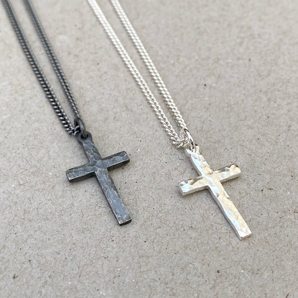 Oxidised or polished small size sterling silver hammered cross pendant and chain