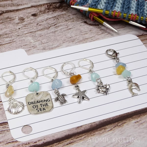 Seaside Gemstone Stitch Markers - Amazonite, Aventurine & Aquamarine - Set of 6