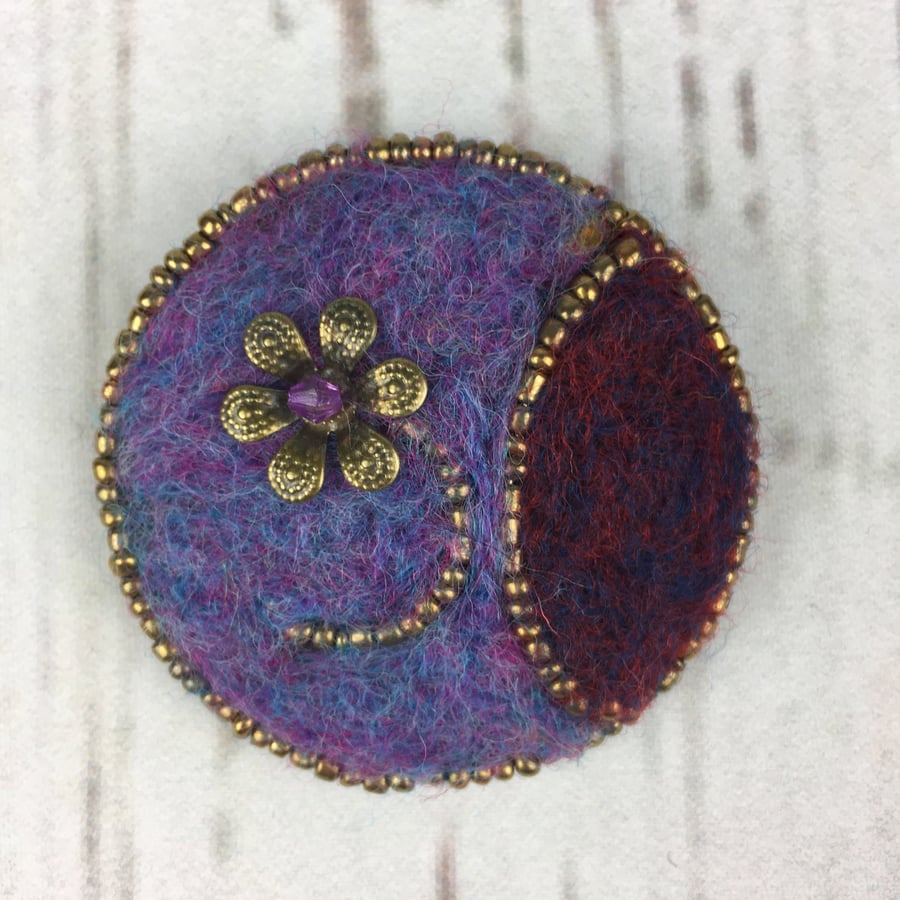 Beaded floral brooch with needle felting in lilac and purple