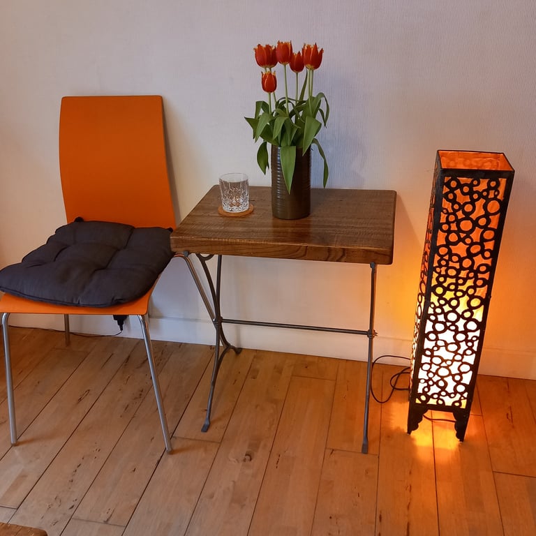 Vintage Wooden Loom Table with Wrought Iron Legs