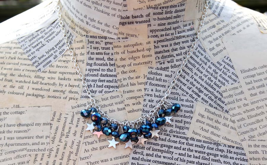 SALE Silver Star Charm Blue Bead Handmade Necklace