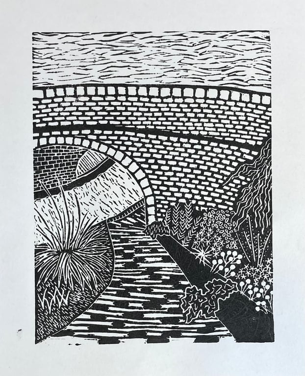 Canal Side Garden, Original Lino Print, 'Perfectly Imperfect'
