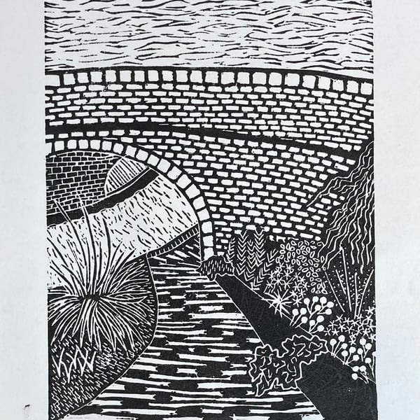 Canal Side Garden, Original Lino Print, 'Perfectly Imperfect'