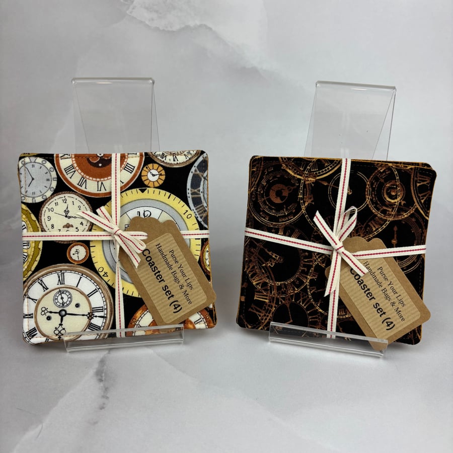 Clocks coasters, Set of 4 Steampunk fabric coasters, 2 pattern options, Handmade