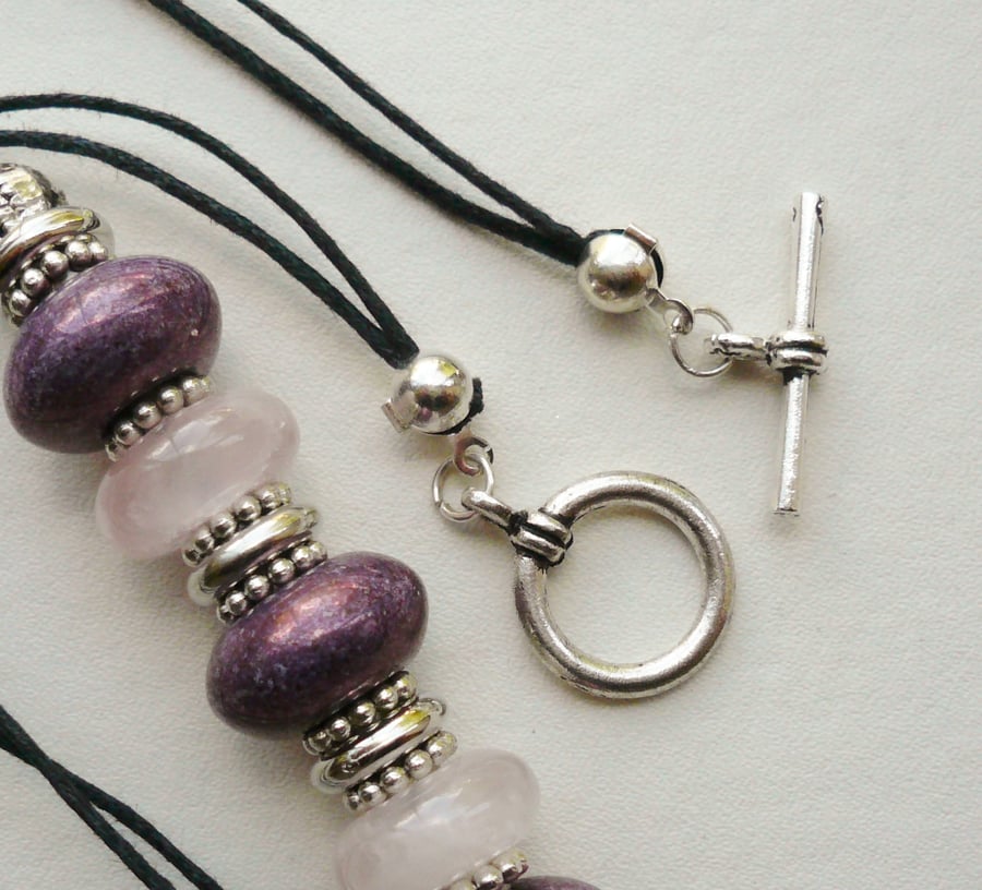 Lavender Glass and Pink Quartz  Silver Collar Necklace   KCJ707