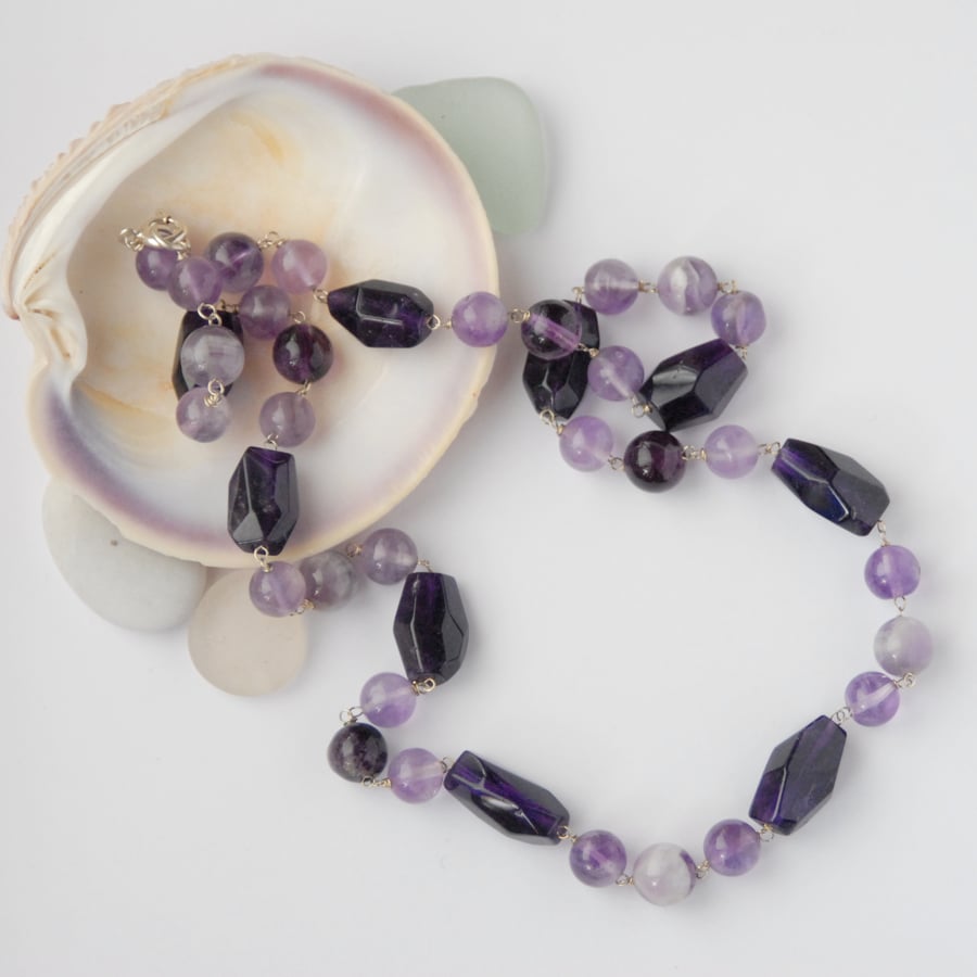 Purple amethyst and sterling silver beaded necklace